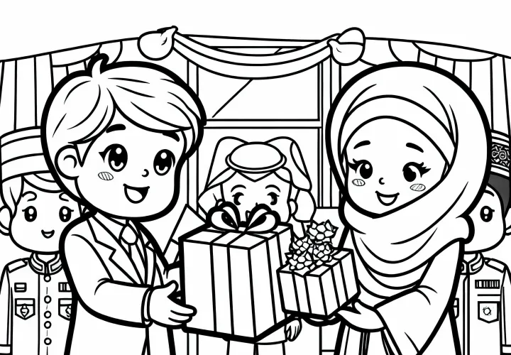 Präsidentin besucht ein Land und tauscht Geschenke aus – Ausmalbild kostenlos