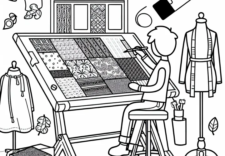 Designer arbeitet mit Stoffmustern an Prototyp – Malvorlage kostenlos