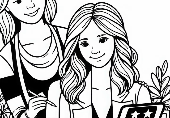 Designerin überprüft Kundenfeedback auf Tablet – Malvorlage kostenlos