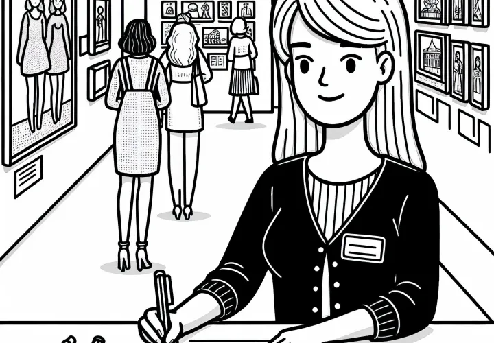 Designerin macht Notizen bei der Messe – Ausmalbild kostenlos