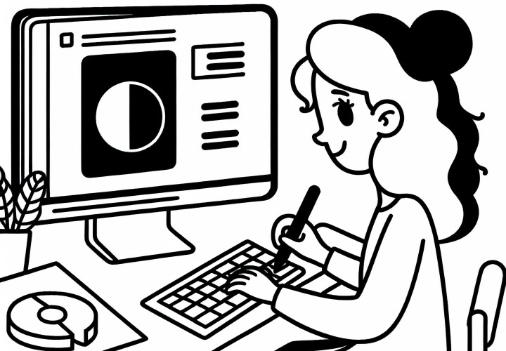 Designerin gestaltet ein Logo am Computer – Ausmalbild gratis Designerin gestaltet ein Logo am Computer – Ausmalbild gratis