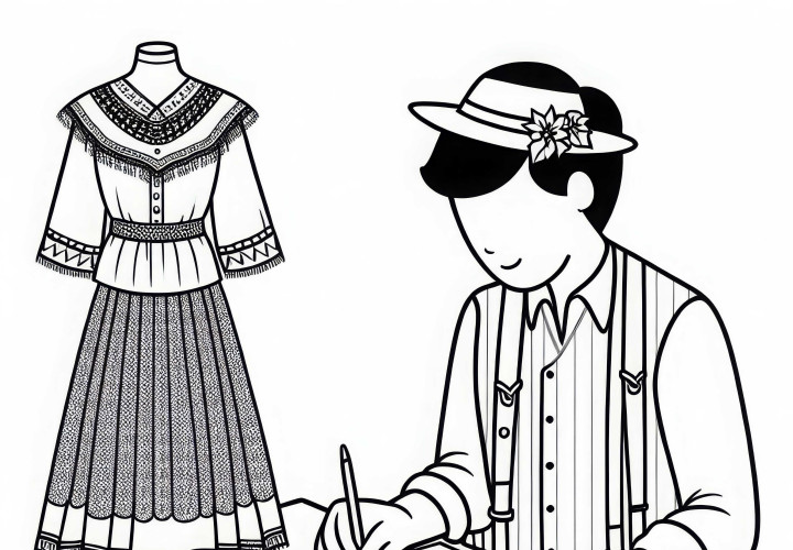 Fashion designer designs dress on paper - free coloring template Fashion designer designs dress on paper – free coloring template