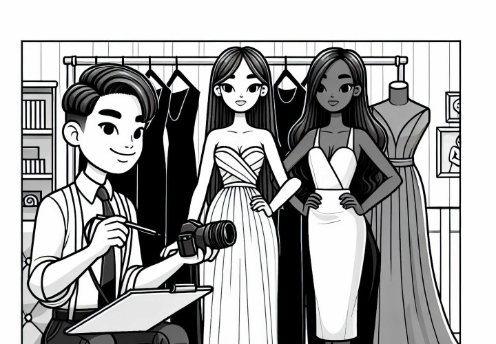 Fashion designer fittings with models - free coloring page