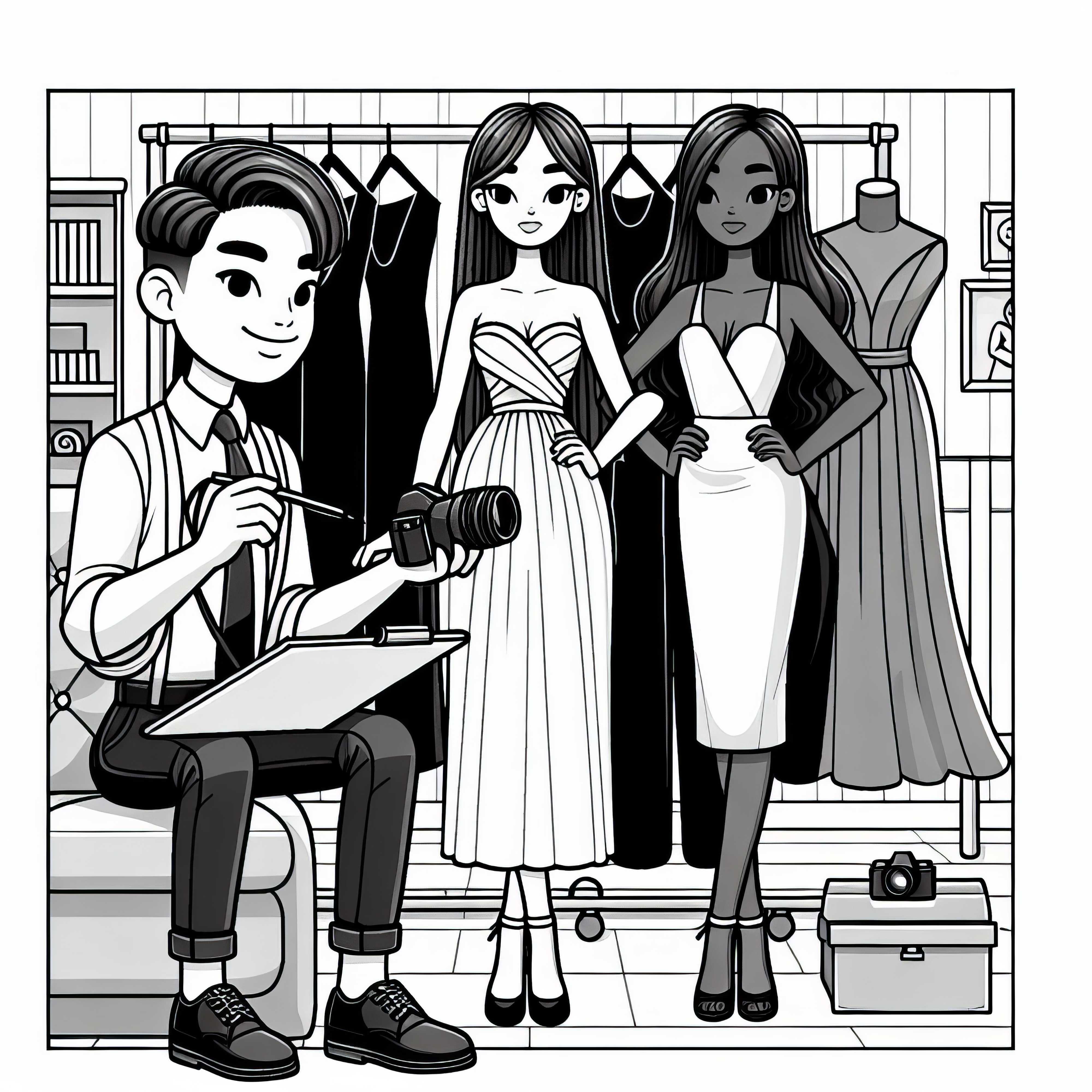 Fashion designer has fittings with models – Free coloring page