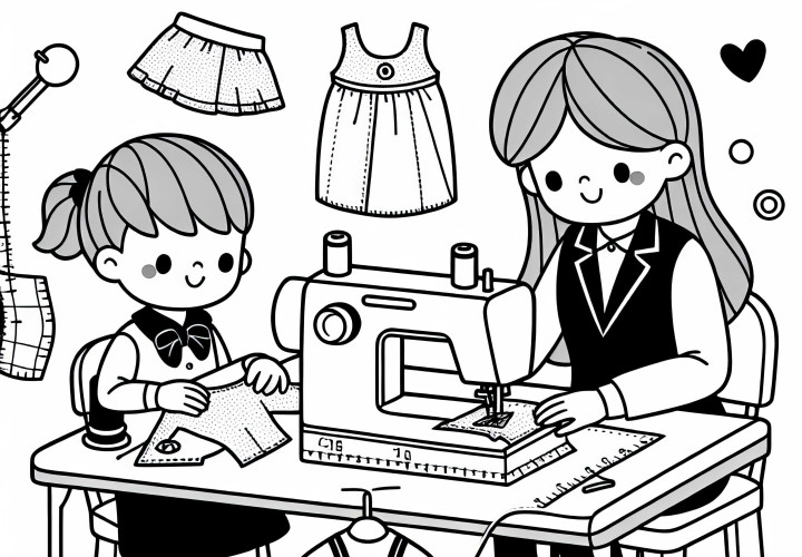 Fashion designer sewing sample pieces with a sewing machine – Free coloring page