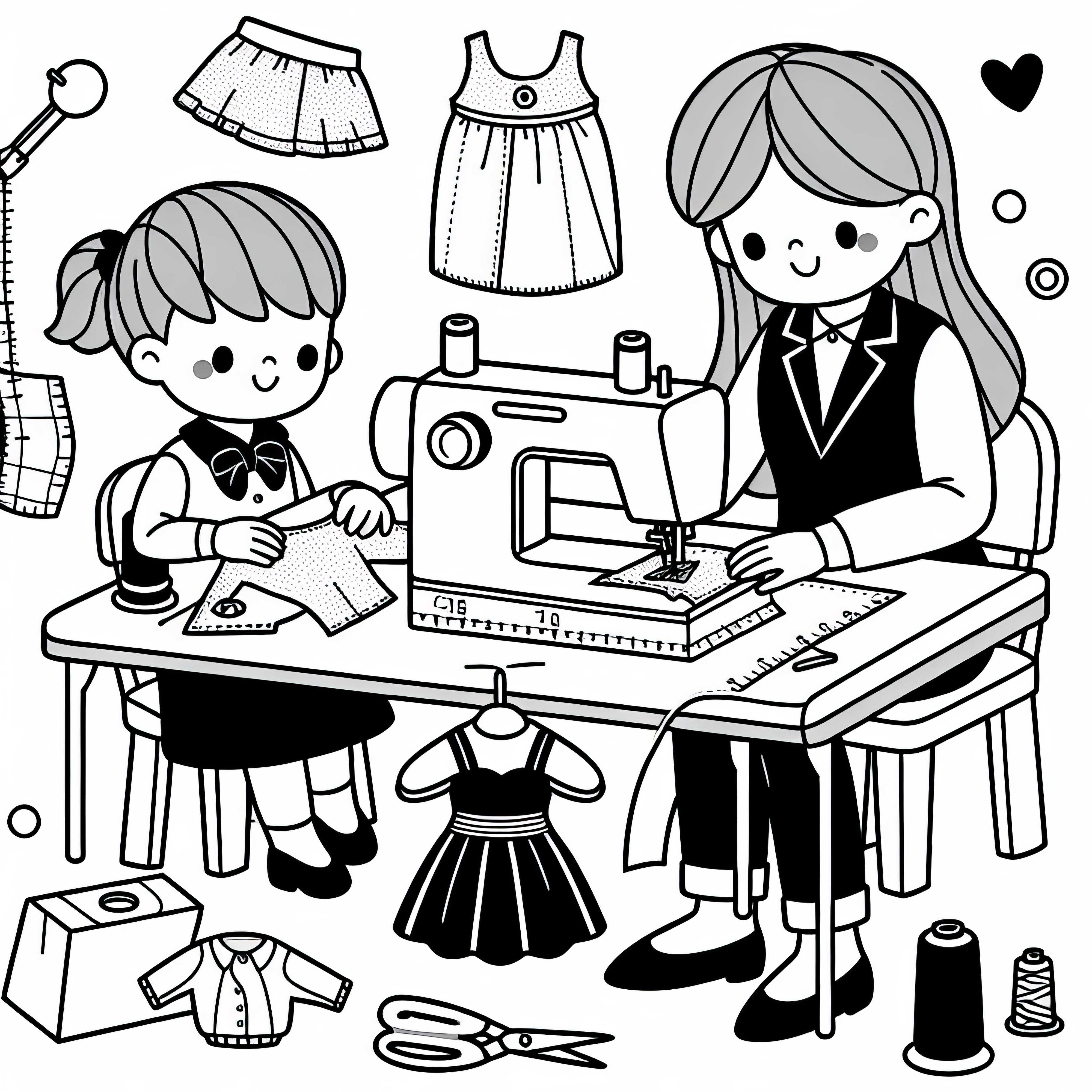 Fashion designer sews sample pieces with sewing machine - Free coloring page