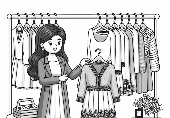 Fashion designer arranges a collection on clothing racks - free coloring page Fashion designer arranges a collection on clothing racks - Free coloring page