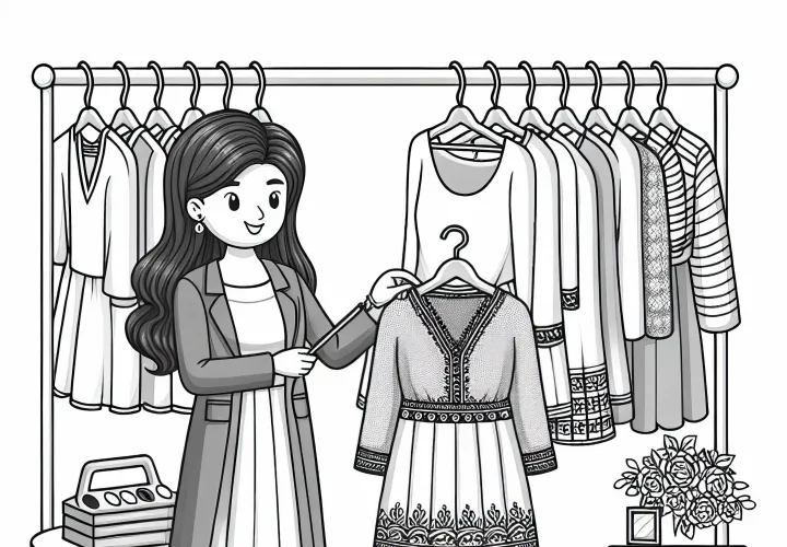 Mode designer arrangerer en kollektion på tøjstativer - Maleark gratis