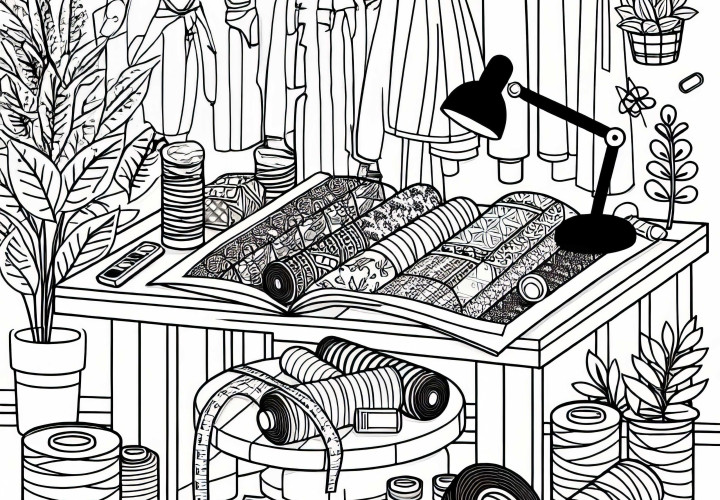 Fabric rolls in a fashion designer's studio coloring page free Fabric rolls in a fashion designer's studio coloring page free