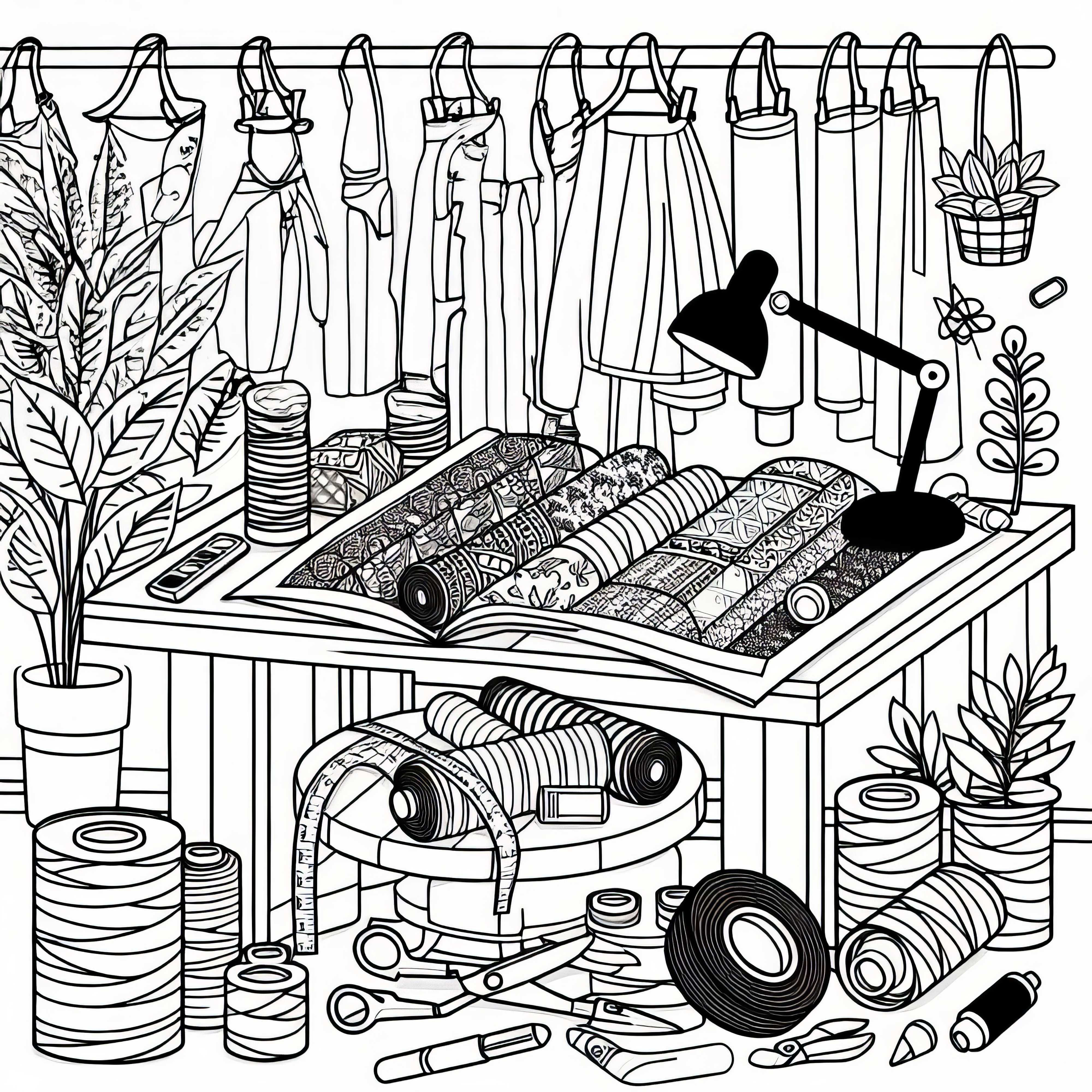 Fabric rolls in a fashion designer studio coloring page free