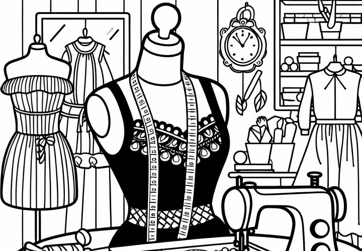 Dress form in a fashion designer's studio - free coloring template