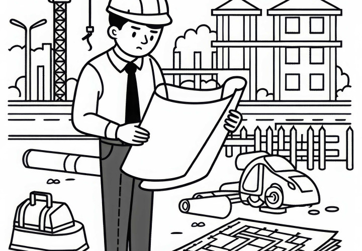 Bauingenieur überprüft Baupläne auf Baustelle – Malvorlage gratis Bauingenieur überprüft Baupläne auf Baustelle – Malvorlage gratis