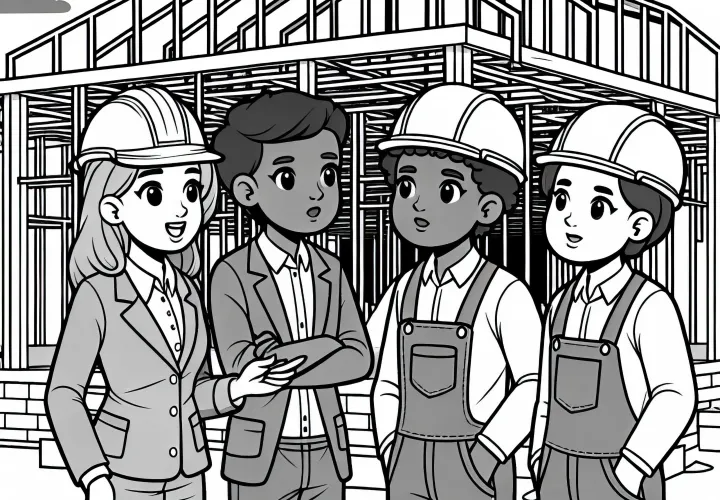 Gradbeni inženirji se pogovarjajo z gradbeniki pred začetkom gradnje – Brezplačna pobarvanka