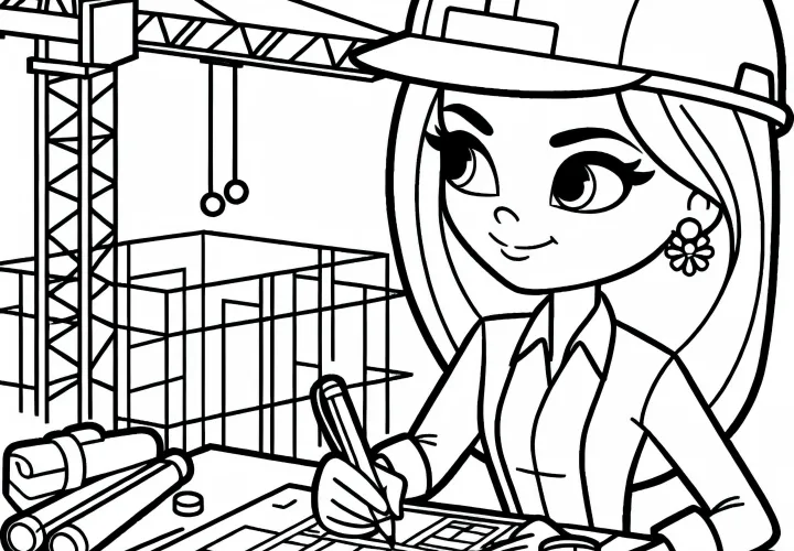 Gradbena inženirka ustvarja skice z gradbenimi načrti – slika za barvanje brezplačno