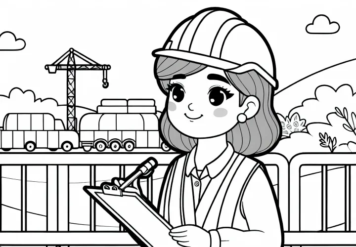 Gradbena inženirka izvaja varnostni pregled – brezplačna predloga za barvanje