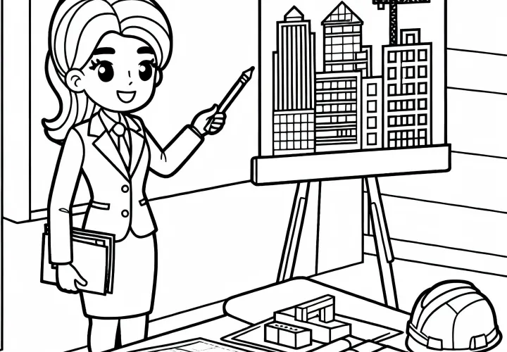 Inženirka gradbeništva vodi predstavitev gradbenega projekta - brezplačna risalna predloga