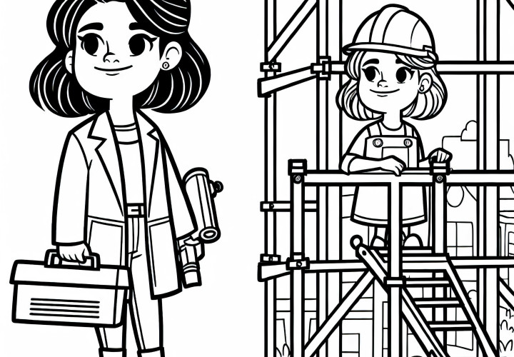 Bauingenieurin mit Schutzhelm auf Baugerüst – Malvorlage kostenlos Bauingenieurin mit Schutzhelm auf Baugerüst – Malvorlage kostenlos