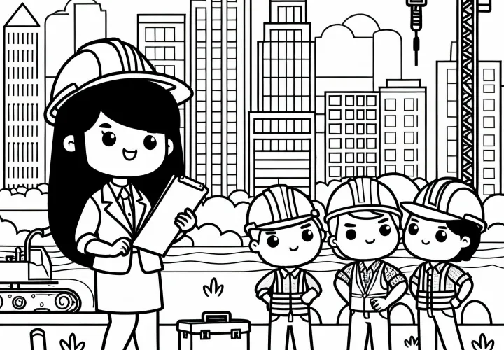 Architektin inspiziert Baustelle mit Bauarbeitern – Ausmalbild einfach kostenlos