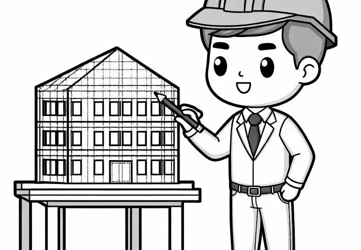 Architekt präsentiert 3D-Modell eines Gebäudes – Malvorlage kostenlos