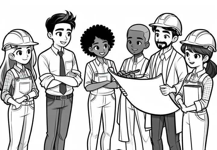 Architekt bespricht Baupläne mit Team – Malvorlage kostenlos