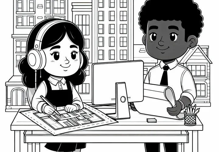 Architektin arbeitet an Gebäudeentwurf – Ausmalbild kostenlos