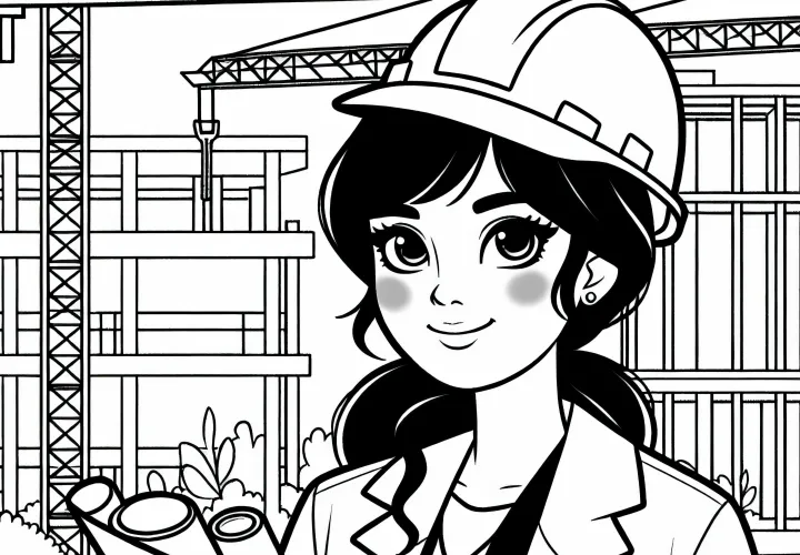 Architektin besucht Baustelle mit Bauplan in der Hand – Malvorlage gratis