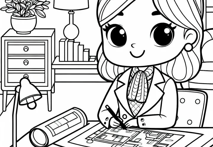 Architektin gestaltet Innenräume mit Möbelplänen – Malvorlage kostenlos