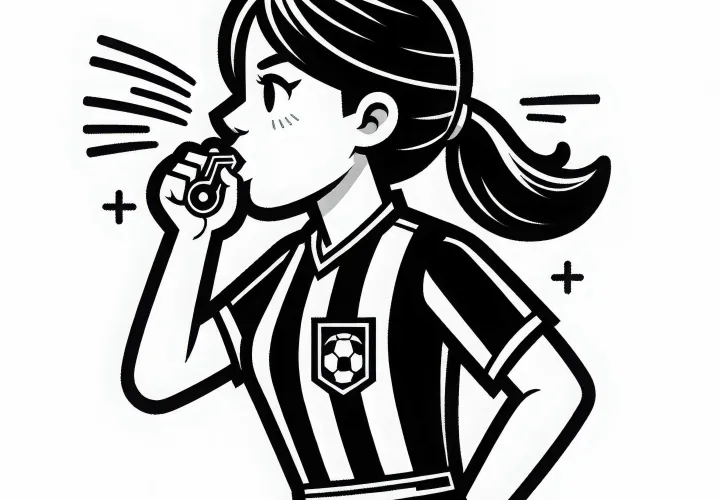 Fußballschiedsrichterin pfeift den Beginn eines Spiels an – Ausmalbild gratis