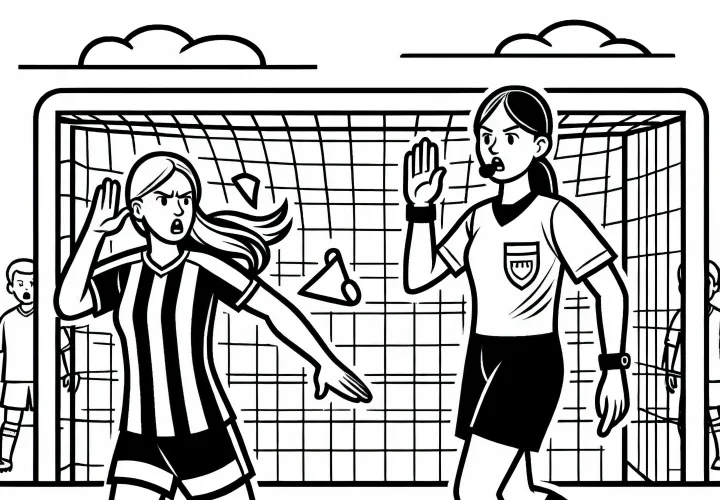 Fußballschiedsrichterin unterbricht das Spiel – Ausmalbild kostenlos