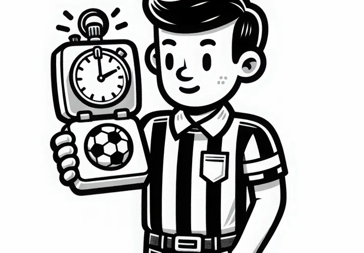 Fußballschiedsrichter überprüft die mit Stoppuhr – Ausmalbild einfach kostenlos