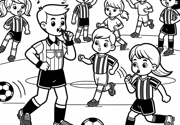 Fußballspiel mit Fußballschiedsrichter als Ausmalbild – Kostenlos herunterladen