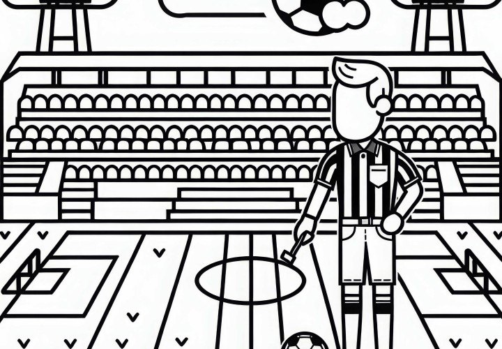 Stadion sepak bola dengan wasit sepak bola: Gambar mewarnai sederhana gratis