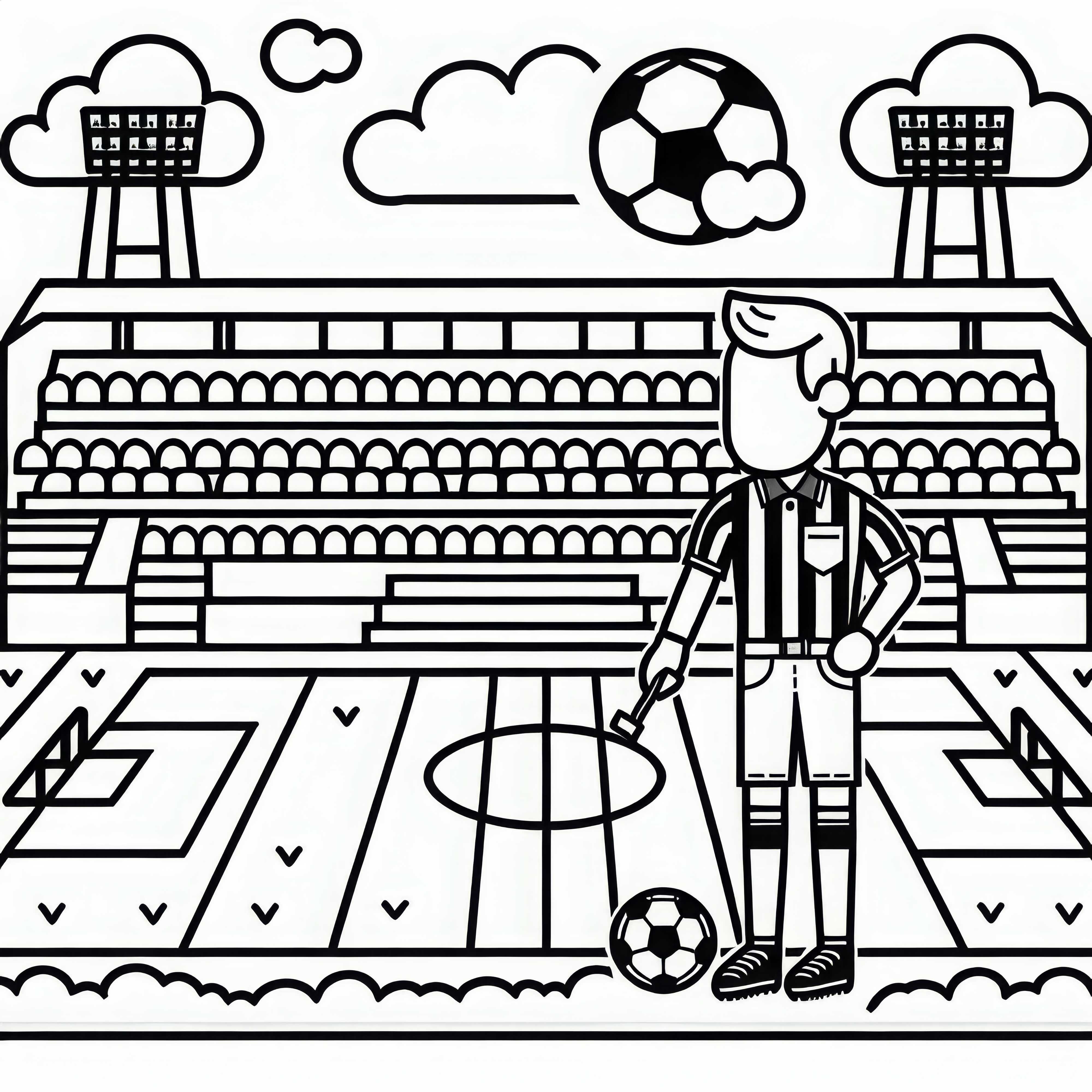 Stadion sepak bola dengan wasit sepak bola: Gambar pewarnaan sederhana gratis