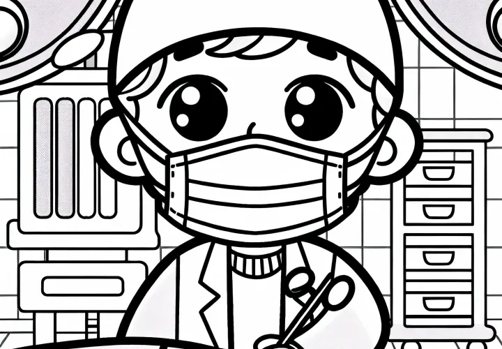 Chirurg trägt Maske und Handschuhe im Operationssaal – Ausmalbild gratis