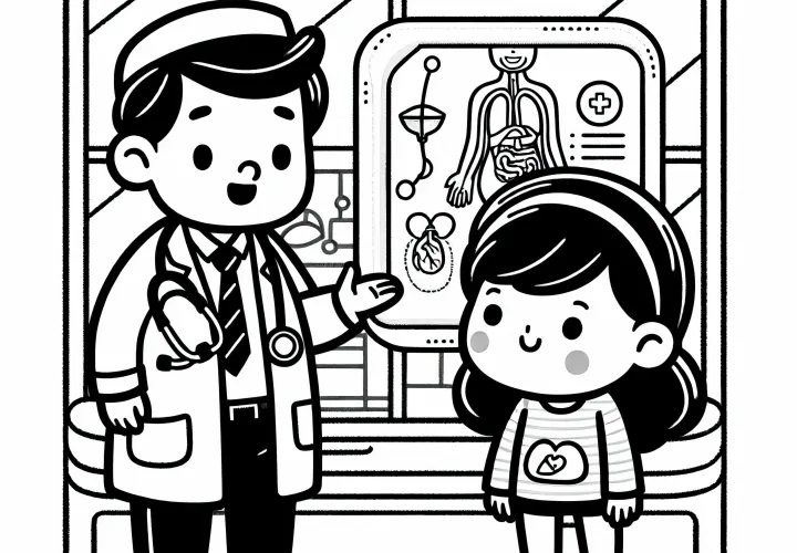 Chirurg erklärt Patientin den Eingriff – Ausmalbild einfach gratis