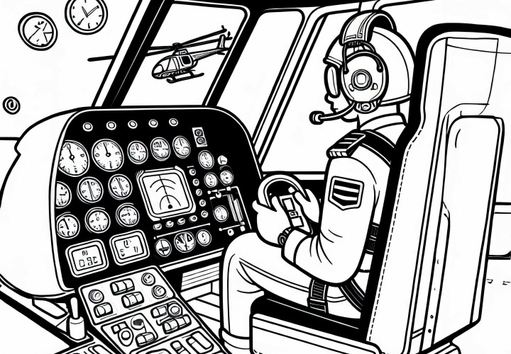 Hubschrauberpilot überwacht Instrumente während des Fluges – Malvorlage kostenlos Hubschrauberpilot überwacht Instrumente während des Fluges – Malvorlage kostenlos