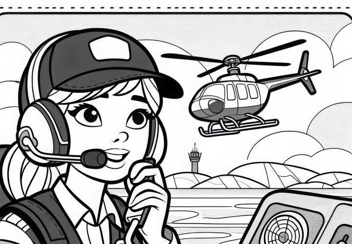 Hubschrauberpilotin kommuniziert per Funk mit Tower – Ausmalbild kostenlos Hubschrauberpilotin kommuniziert per Funk mit Tower – Ausmalbild kostenlos