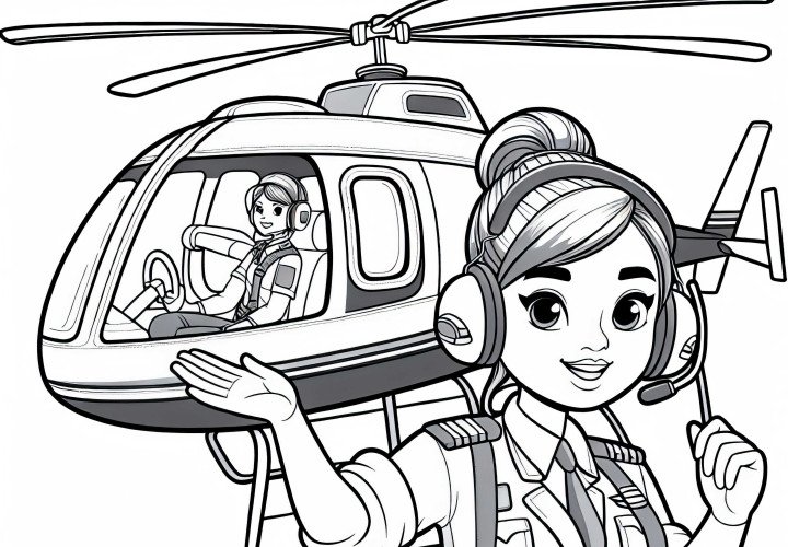 Hubschrauberpilotin gibt Signal zum Abflug – Ausmalbild gratis Hubschrauberpilotin gibt Signal zum Abflug – Ausmalbild gratis