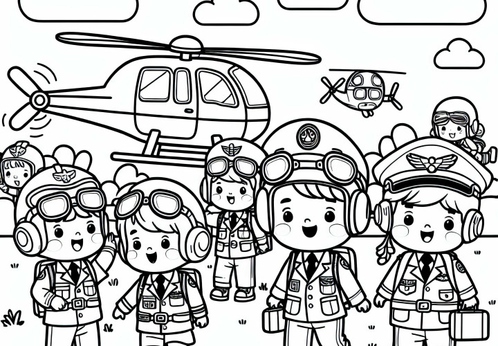 Kinder verkleiden sich als Hubschrauberpiloten – Ausmalbild kostenlos Kinder verkleiden sich als Hubschrauberpiloten – Ausmalbild kostenlos