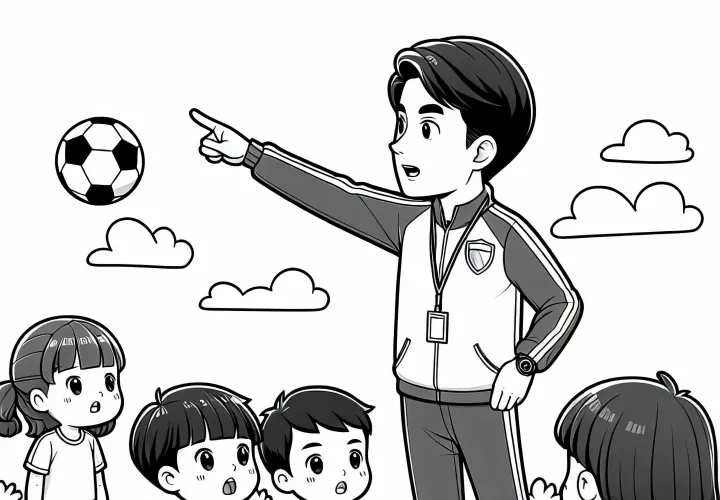 Sportlehrer gibt Anweisungen beim Mannschaftssport – Malvorlage gratis