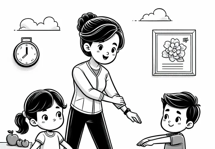 Sportlehrerin hilft Schülern beim Dehnen - Malvorlage gratis