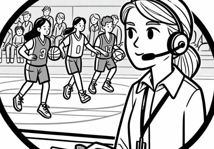 Ein Sportlehrer überwacht ein Basketballspiel – Ausmalbild kostenlos Ein Sportlehrer überwacht ein Basketballspiel – Ausmalbild kostenlos