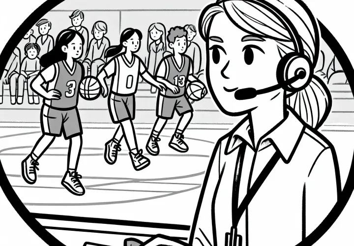 Ein Sportlehrer überwacht ein Basketballspiel – Ausmalbild kostenlos