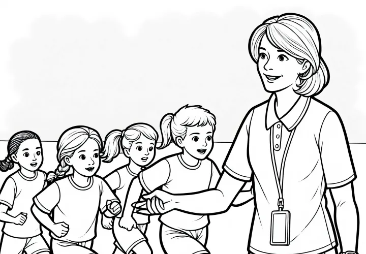 Sportlehrerin beim Staffellauftraining – Malvorlage Gratis