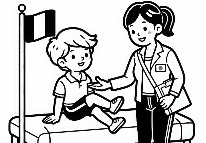 Sportlehrerin hilft Schüler bei Turnübung – Malvorlage gratis