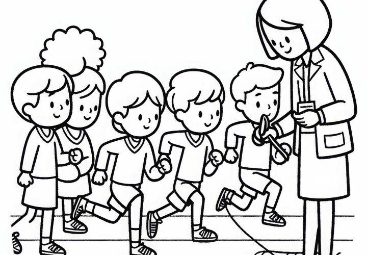 Sportlehrerin misst Laufzeit von Schülern – Malvorlage kostenlos Sportlehrerin misst Laufzeit von Schülern – Malvorlage kostenlos