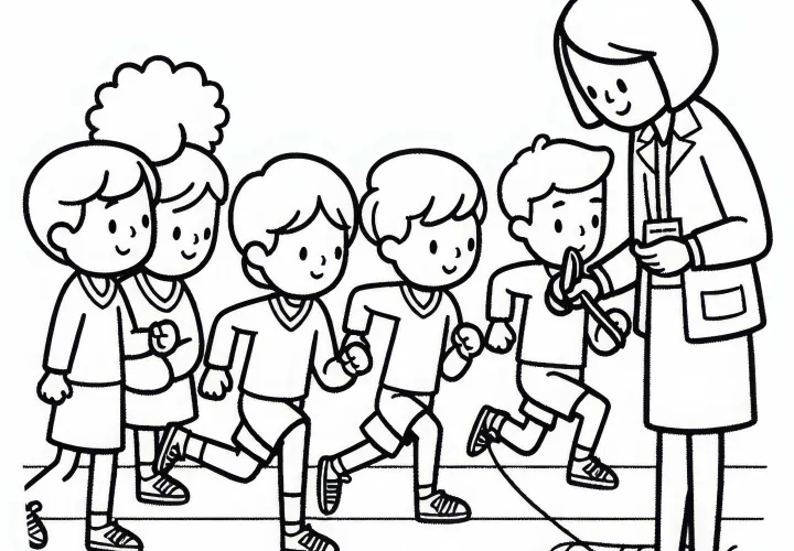 Sportlehrerin misst Laufzeit von Schülern – Malvorlage kostenlos