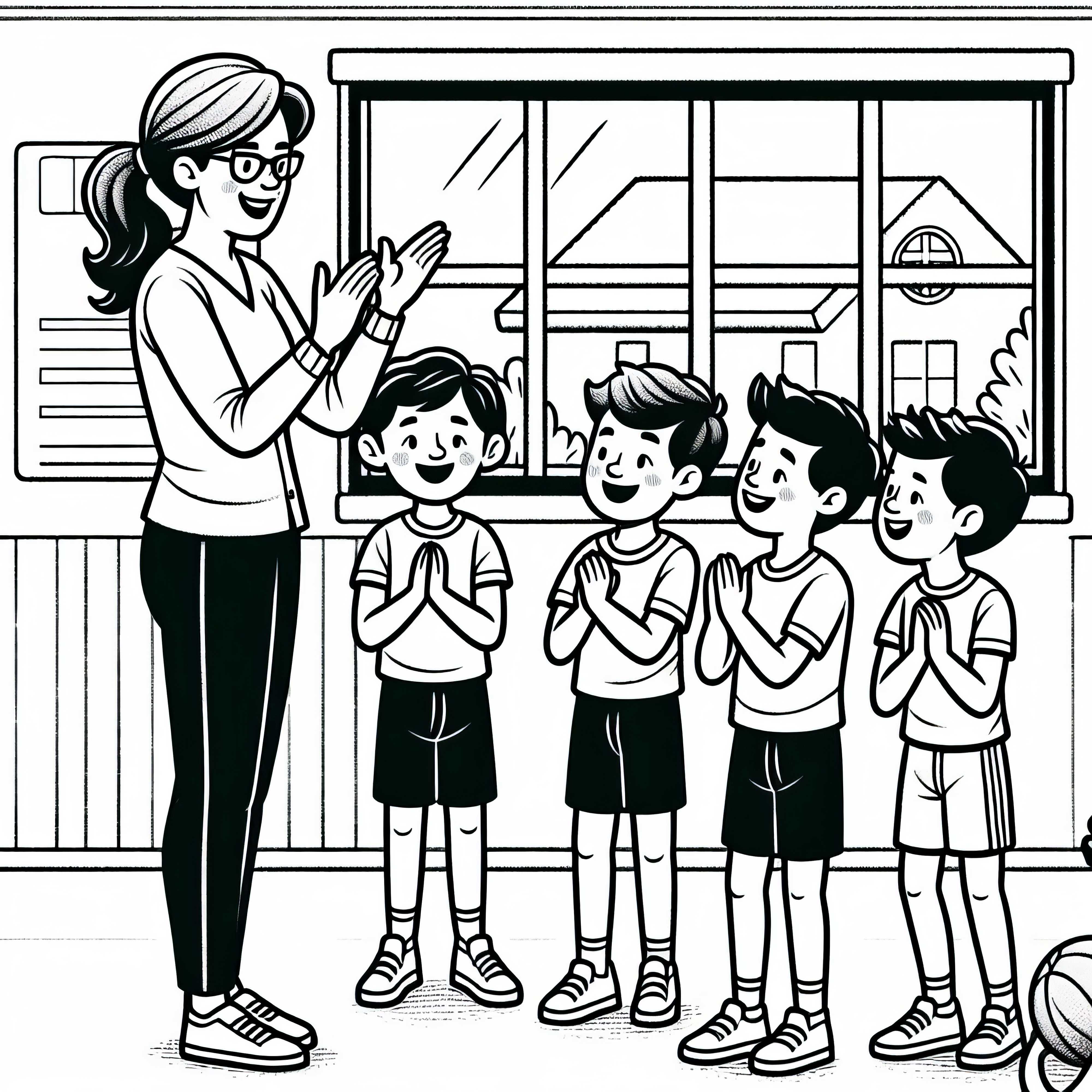 Sportlehrerin lobt Schüler für ihre Leistung – Ausmalbild kostenlos
