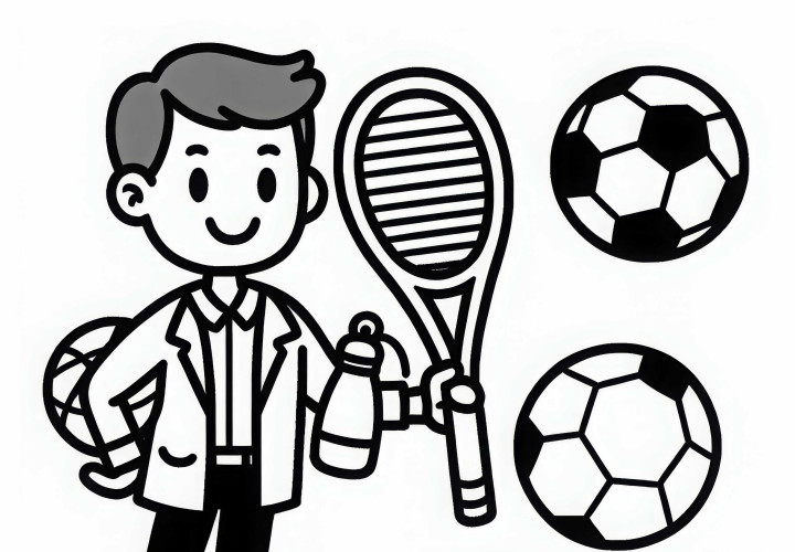 Sportlehrer mit verschiedenen Bällen – Ausmalbild einfach und gratis Sportlehrer mit verschiedenen Bällen – Ausmalbild einfach und gratis