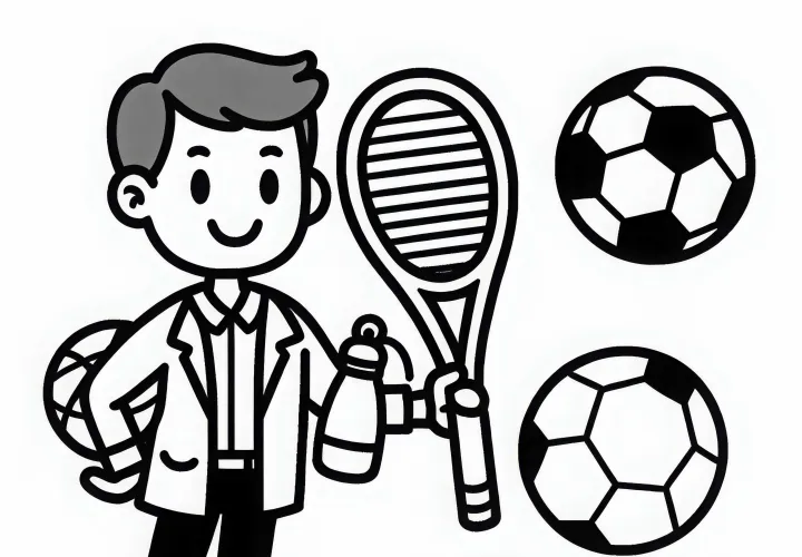 Sportlehrer mit verschiedenen Bällen – Ausmalbild einfach und gratis